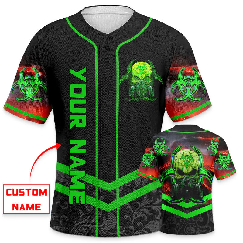 Green Biohazard Skull Custom Baseball Jersey