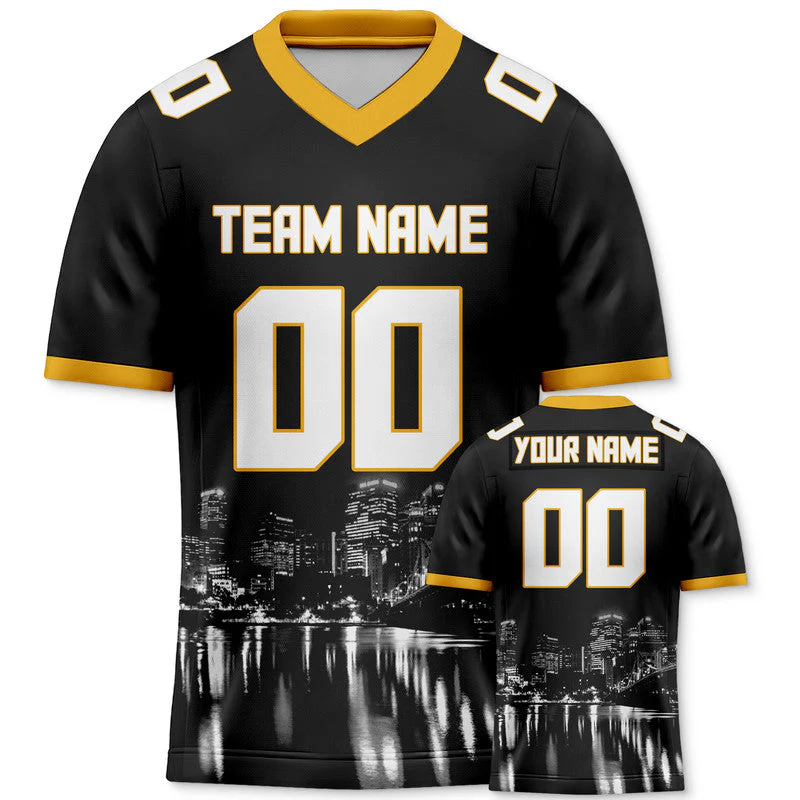 Custom 3D City Night Black White-Gold Authentic Football Silhouette Jersey