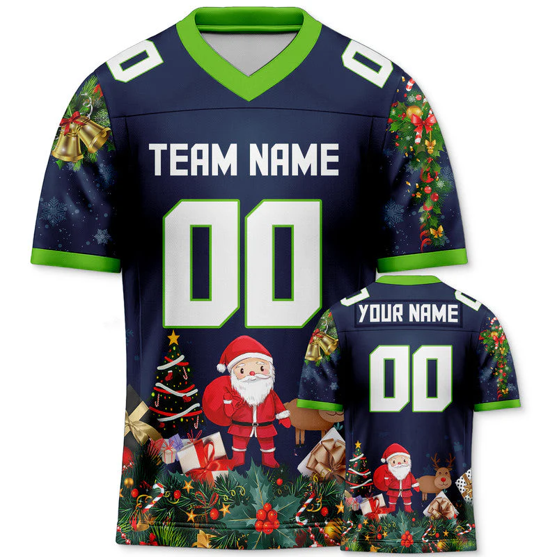 CHRISTMAS DAY CUSTOM NAVY WHITE-NEON GREEN SANTA CLAUS AUTHENTIC FOOTBALL JERSEY