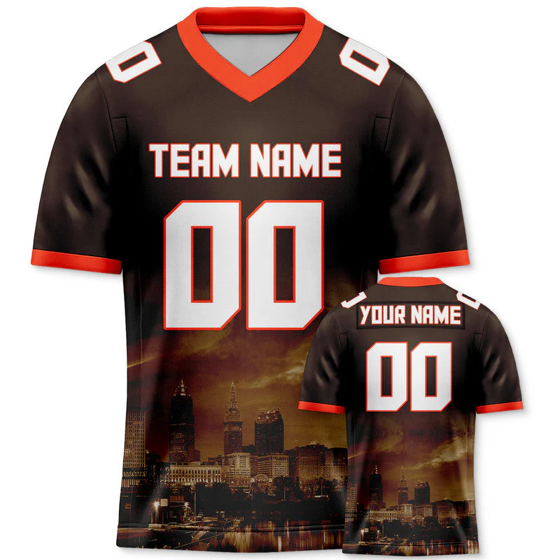 Custom 3D City Night Brown White-Orange Authentic Football Silhouette Jersey