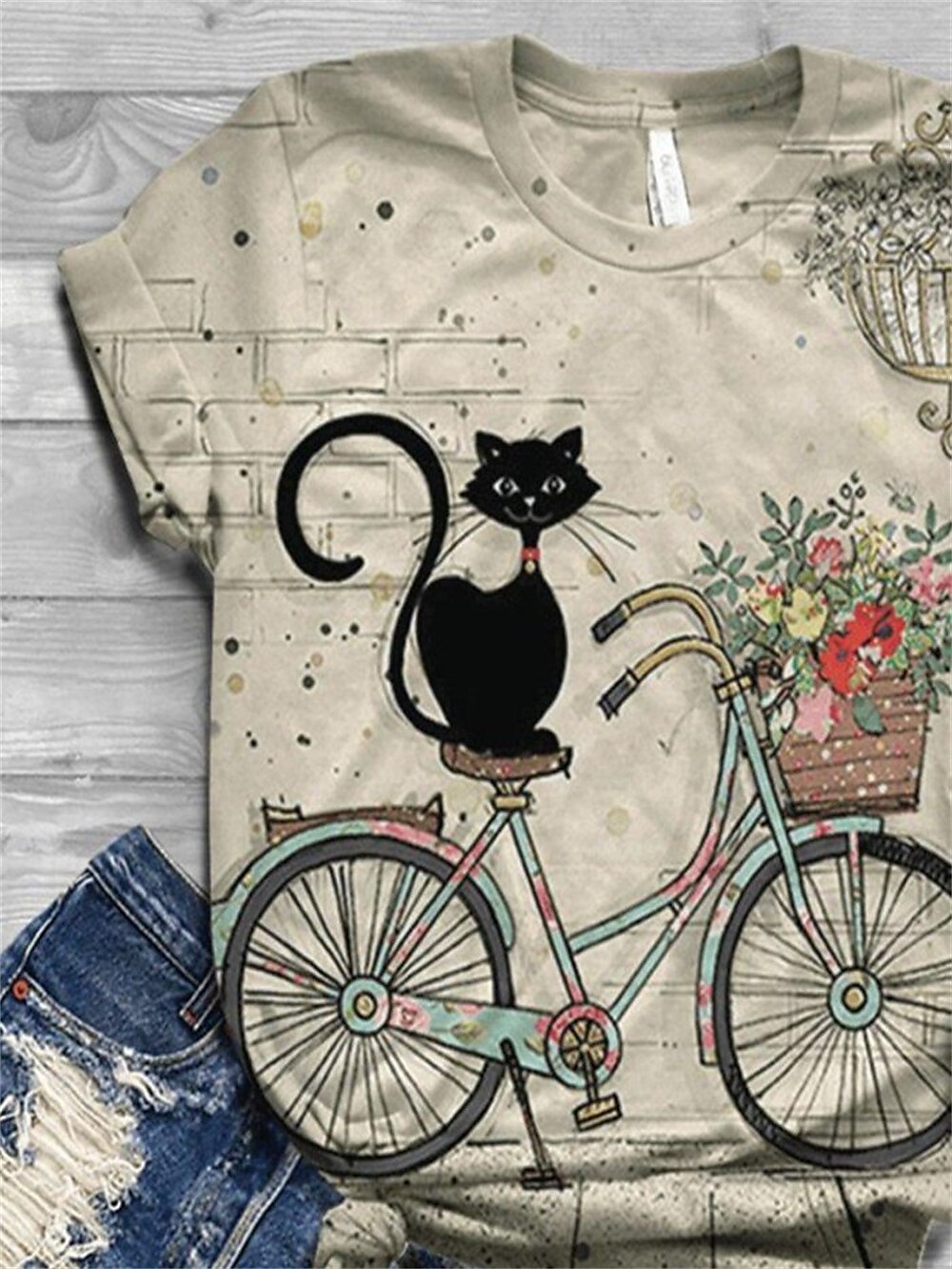 Floral Cat Print Short Sleeve Tee